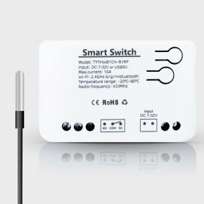 Одноканальне WiFi релe з сухим контактом та вологозахищеним датчиком температури Tuya (DC 7-32V)