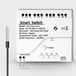 Чотириканальне Zigbee реле з сухим контактом та вологозахищеним датчиком температури Tuya (AC 85-250V) 